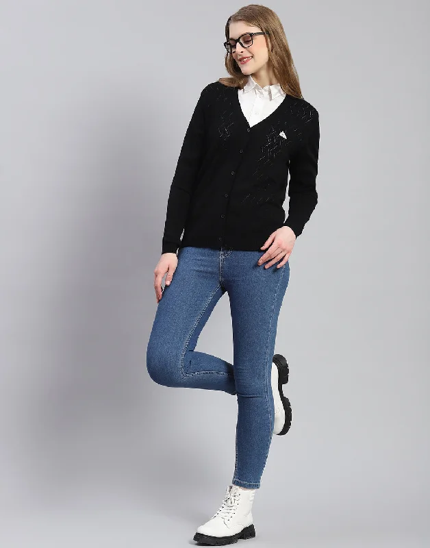 Stylish SweatersWomen Black Self Design V Neck Full Sleeve Cardigan