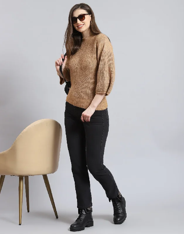 Fitted Oversized Cardigan SweatersWomen Brown Self Design Round Neck 3/4th Sleeve Sweater