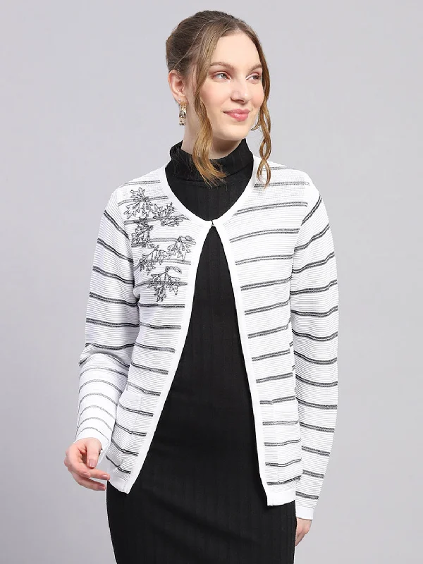 Custom SweatersWomen White Stripe Round Neck Full Sleeve Cardigan