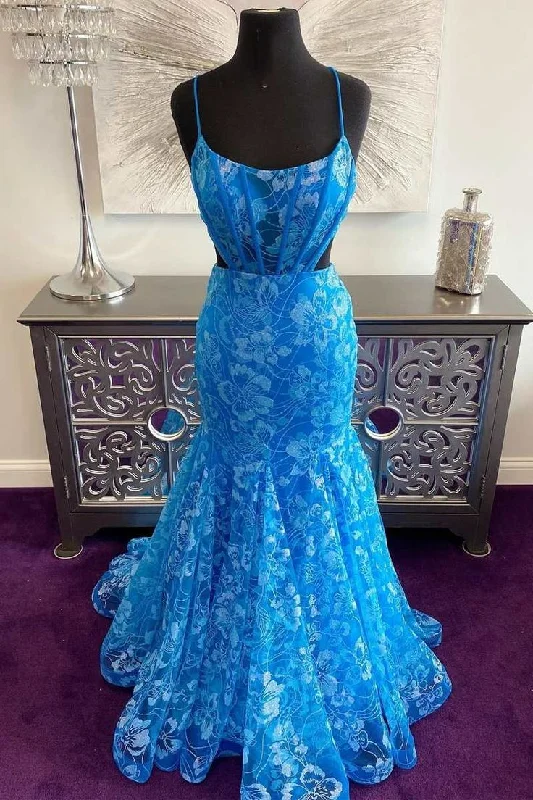 prom dresses for plus-size figuresBlue Floral Lace Backless Trumpet Long Prom Dress Y7030