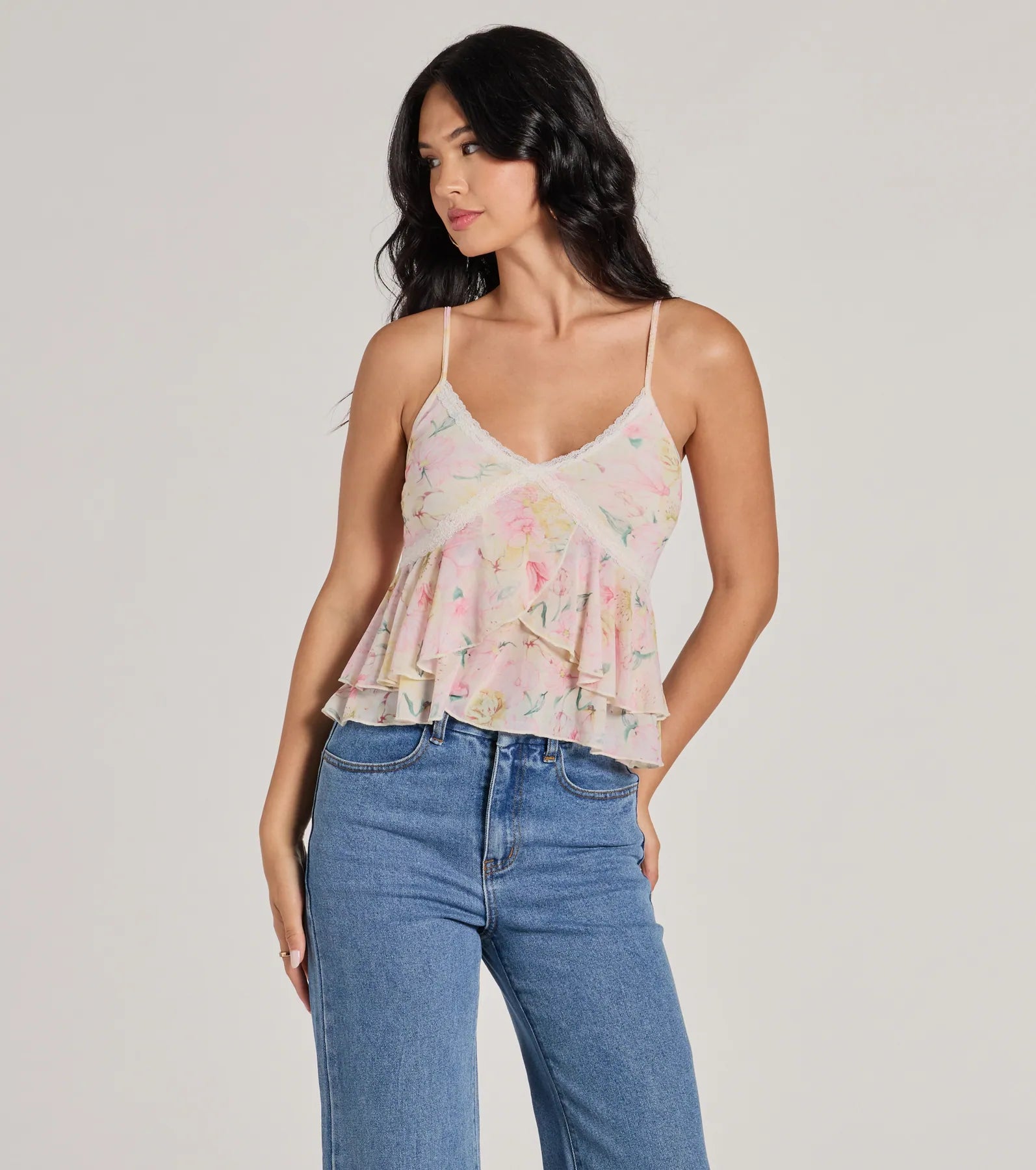 women's tops for those who love to experiment with fashionFlirty Ruffled Floral Mesh Lace Trim Top