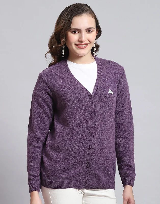 Turtle-Neck Wool SweatersWomen Purple Solid V Neck Full Sleeve Sweater