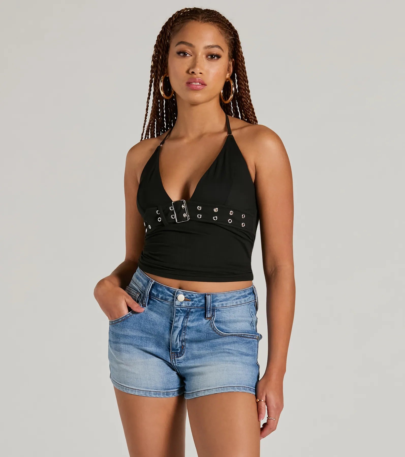 women's tops for evening soireesBuckle Down Halter V-Neck Crop Top