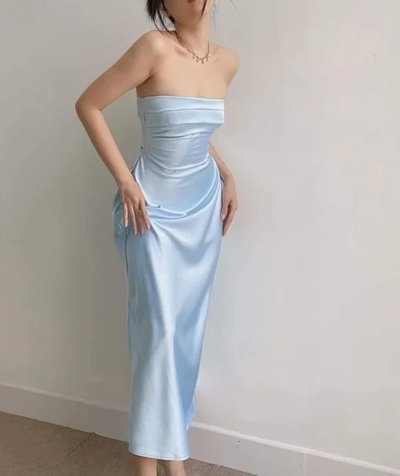 prom dresses with sequin detailingElegant Blue Strapless Sheath Prom Dress,Blue Evening Dress Y6420