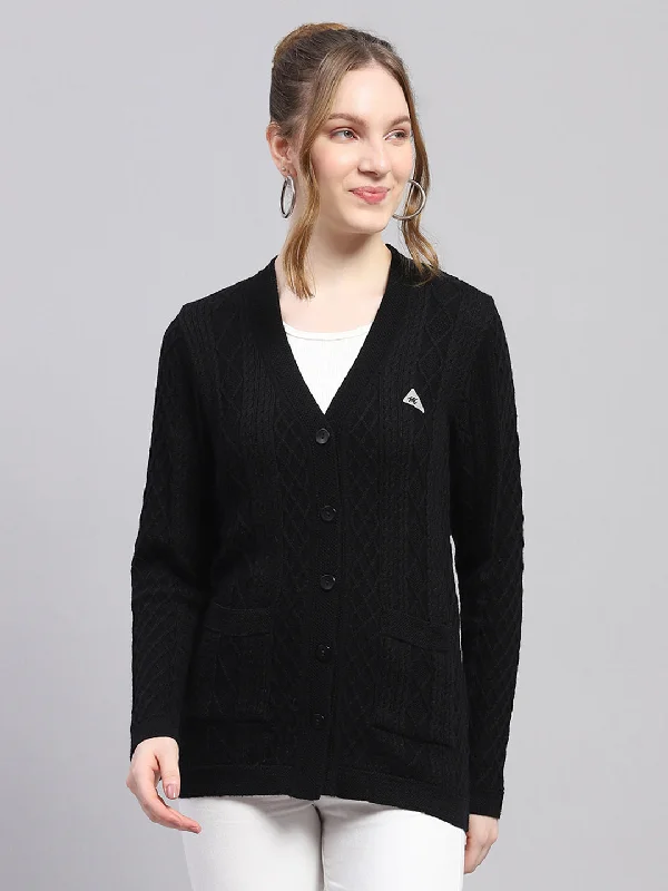 Designer SweatersWomen Black Self Design V Neck Full Sleeve Cardigan