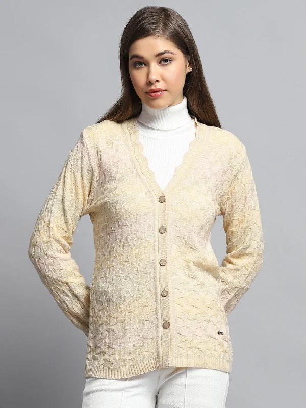 Thick Turtle-Neck Wool SweatersWomen Beige Self Design V Neck Full Sleeve Cardigan