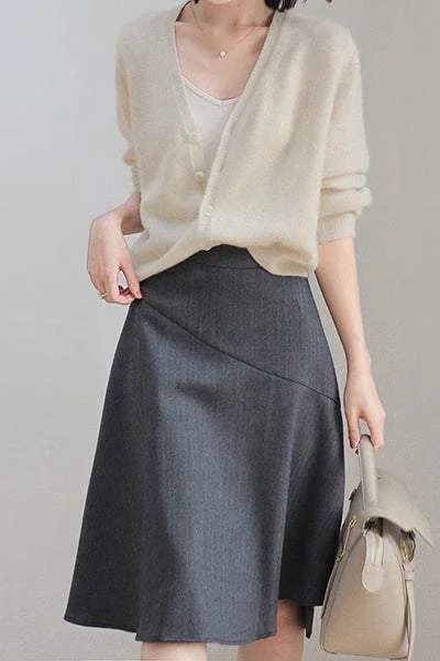 Stylish Trendy Pullover SweatersTwo-Piece Set: Relaxed Fit V-Neck Simple Knit Cardigan + Contrast Design Flare Skirt with Lining