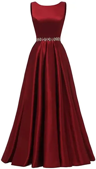 spaghetti strap prom dressesWomen Long Prom Dress Satin A-Line with Beaded Belt Formal Evening Gown Y5483