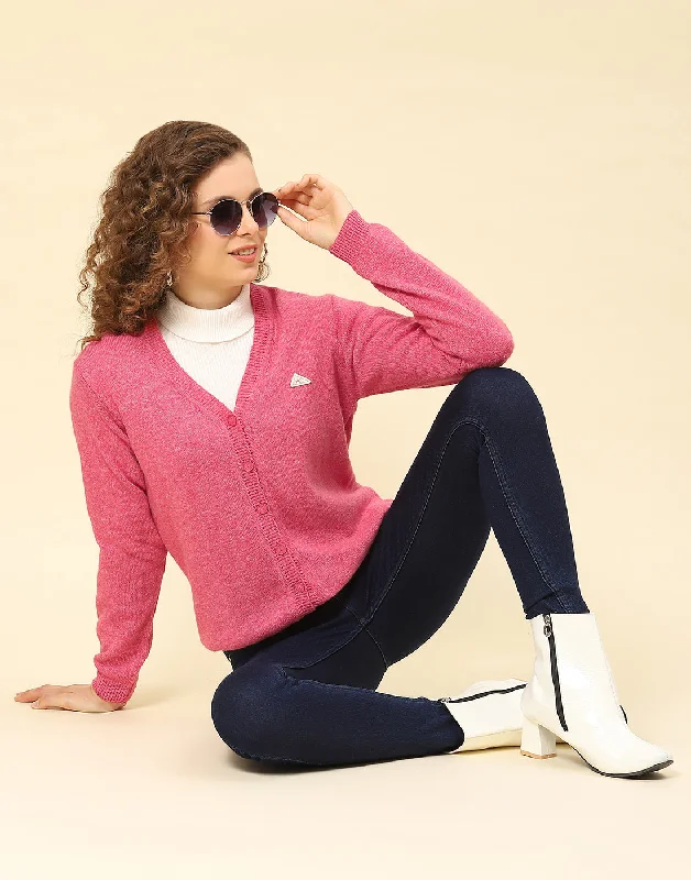 Flannel Knitted Crewneck SweatersWomen Pink Solid V Neck Full Sleeve Cardigan