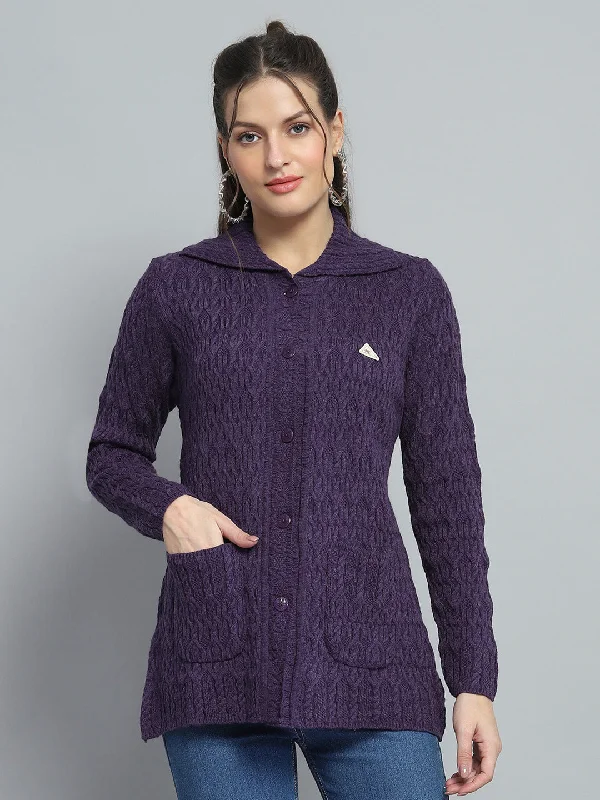 Fitted SweatersWomen Purple Self Design Collar Full Sleeve Cardigan