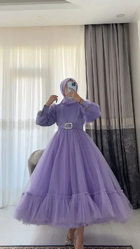 halter prom dressesSimple Purple A-line Puffy Tulle Prom Dress,Purple Muslim Dress Y6977