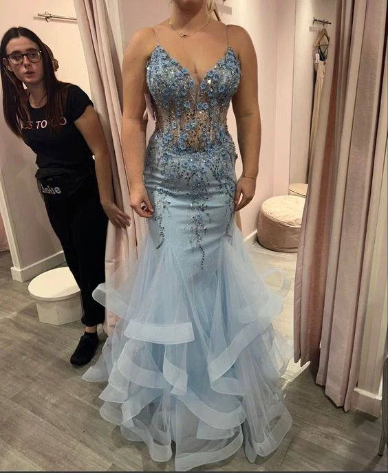 prom dresses with sheer overlaysBeautiful Blue Spaghetti Straps Lace Sleeveless Prom Dress Y6606