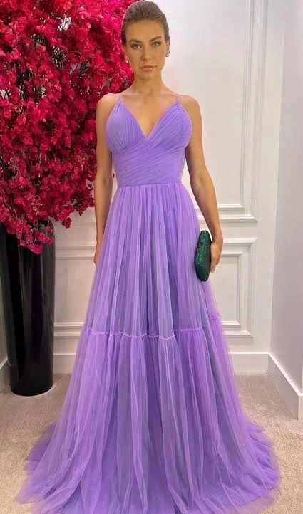 corset prom dressesA-line V Neck Purple Tulle Prom Dress,Purple Evening Dress Y6168