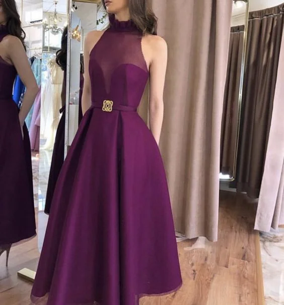 halter neck prom dressesPurple A-line Sleeveless Prom Dress,Purple High Neck Evening Dress Y5859