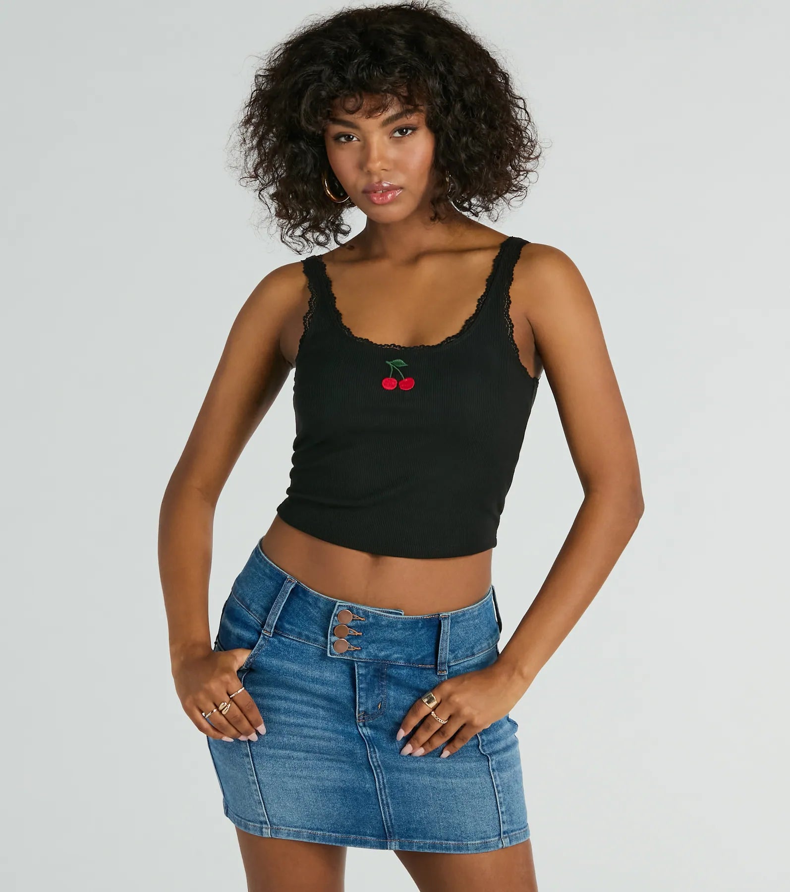 women's tops for those who want to stay on top of the latest fashion trends and wear pieces that are both stylish and on-trendCherry Picking Lace Trim Tank Top