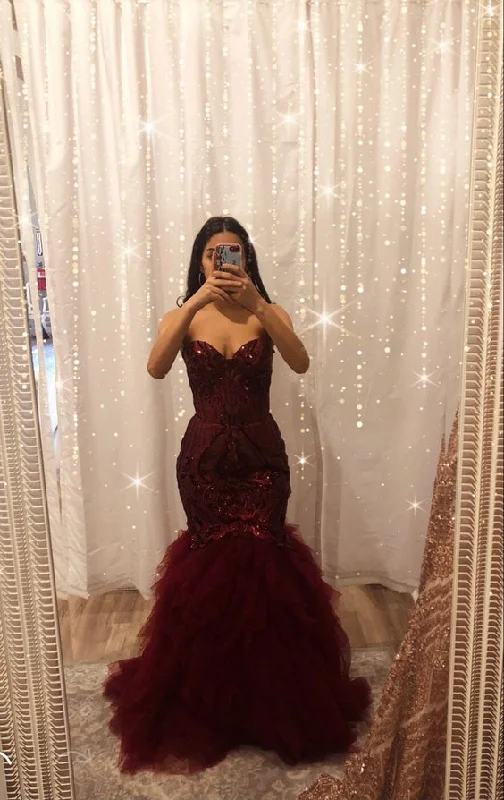 lace-up prom dressesBurgundy tulle sequins long mermaid prom dress evening dress Y6351