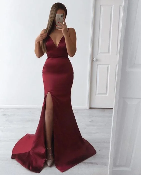 petite prom dressesCharming Burgundy V Neck Mermaid Prom Dress With Split Y7049