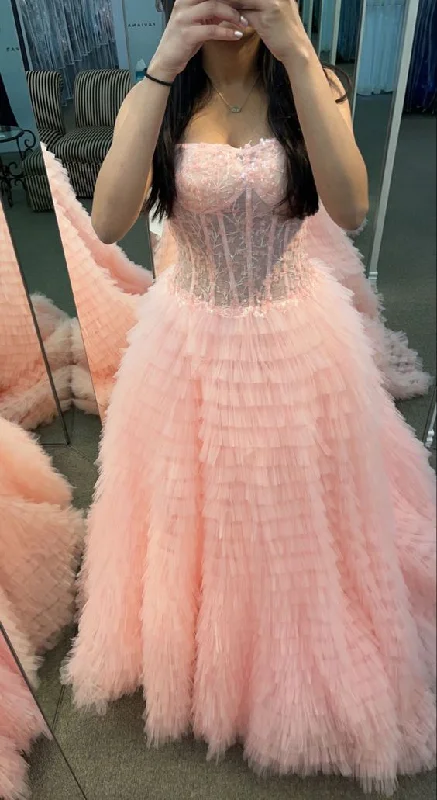 prom dresses for springPink Strapless Ball Gown Prom Dress with Sheer Lace Corset Bodice and Ruffle Skirt Y6688