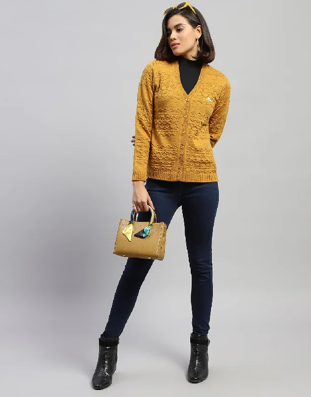 Patterned SweatersWomen Mustard Self Design V Neck Full Sleeve Cardigan