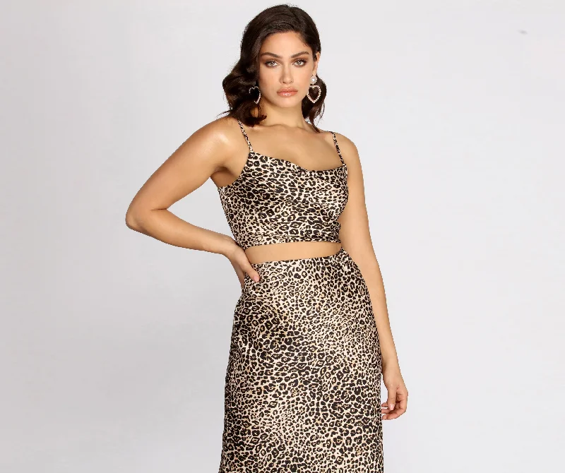 women's tops with sequin embellishmentsFeline Myself Satin Leopard Crop Top