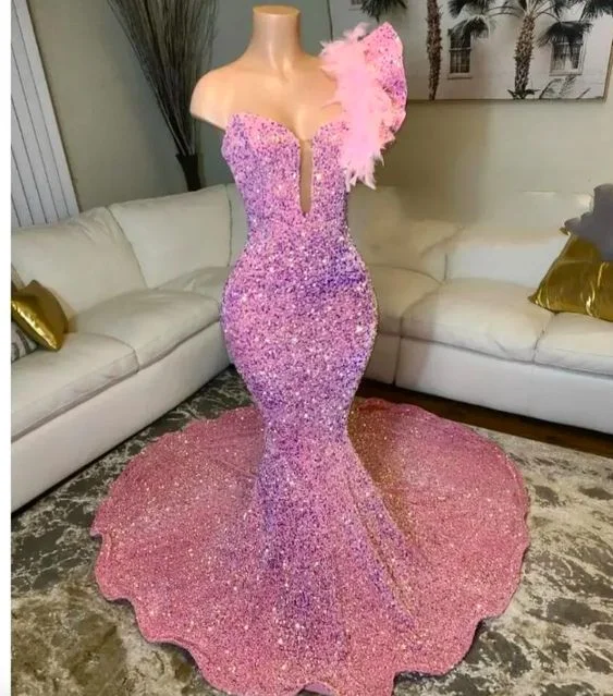 elegant prom dressesPink Mermaid Prom Dress Glitter Sequins Beaded Feather One Shoulder Evening Reception Birthday Engagement Gowns Y6672