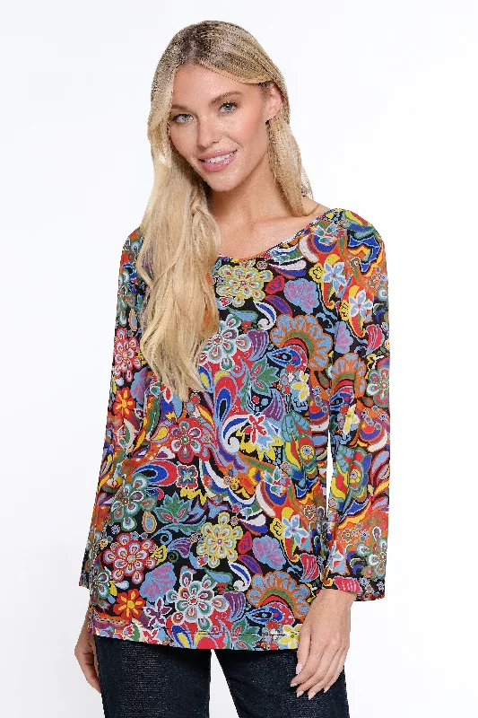 plus-size women's topsV-Neck Mesh Knit Top - Floral Multi