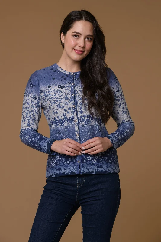 Flannel-Lined SweatersFloral Border Brushed Cardigan- Blue