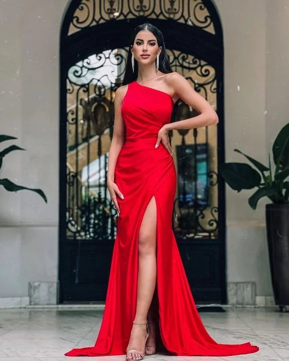 cap sleeve prom dressesRed Simple Mermaid Prom Dress With Split,Red Evening Dress  Y5714