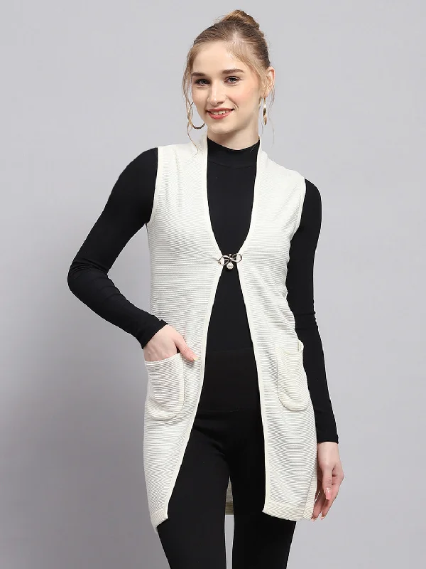 Affordable Women's SweatersWomen White Self Design Front Open Sleeveless Cardigan