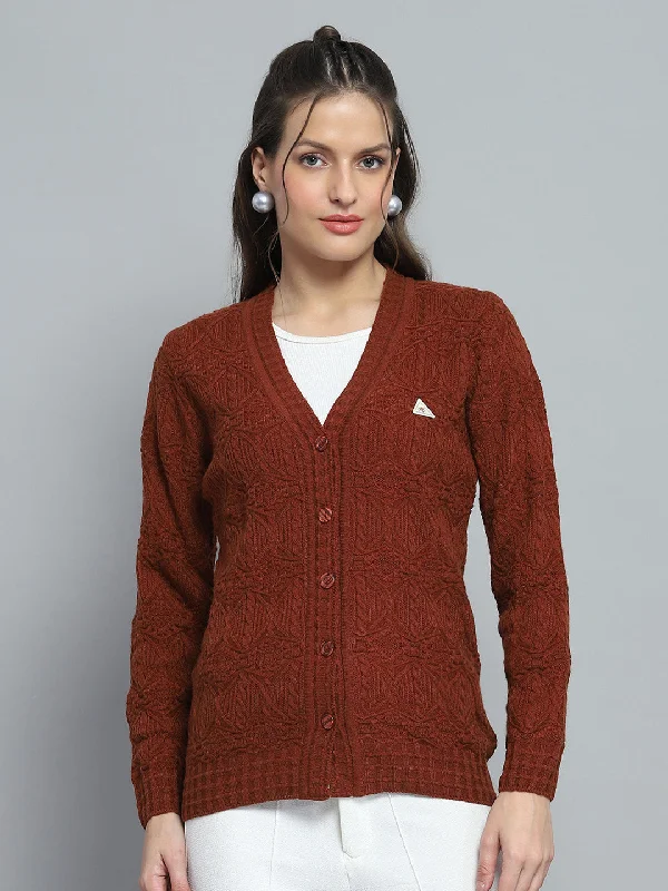 Fashionable SweatersWomen Rust Self Design V Neck Full Sleeve Cardigan