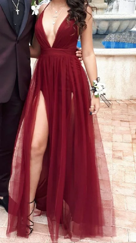 glamorous prom dressesSexy Burgundy V Neck A-line Tulle Prom Dress,Senior Prom Gown Y7071