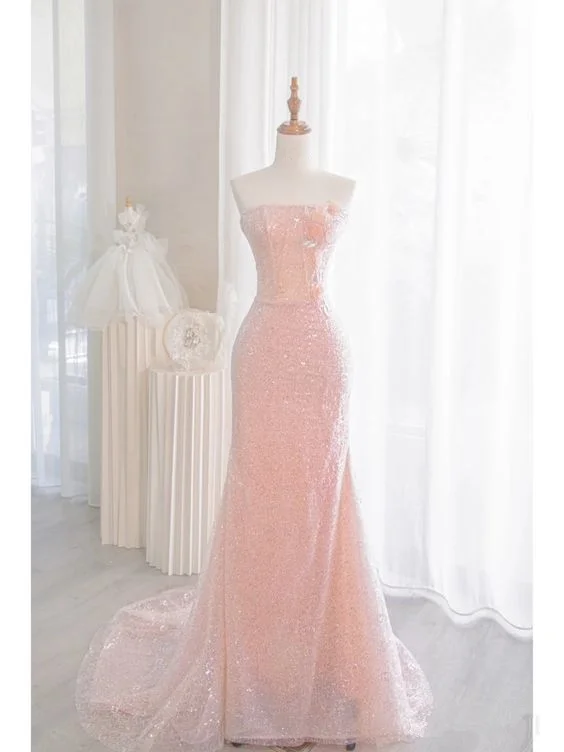 illusion sleeve prom dressesMermaid Pink Sequin Sparkly Long Evening Prom Dress Y6654