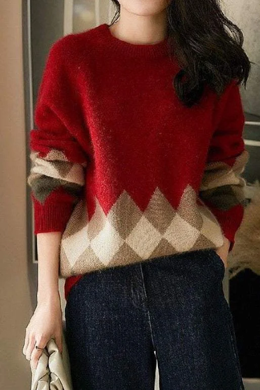 Flannel-Lined SweatersDiamond Pattern Round Neck Knit Sweater