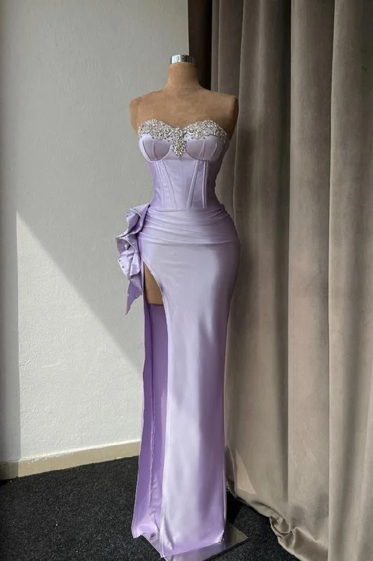 chiffon prom dressesLight Purple Prom Dress With Rhinestone High Slit Gown Sleeveless Y6586