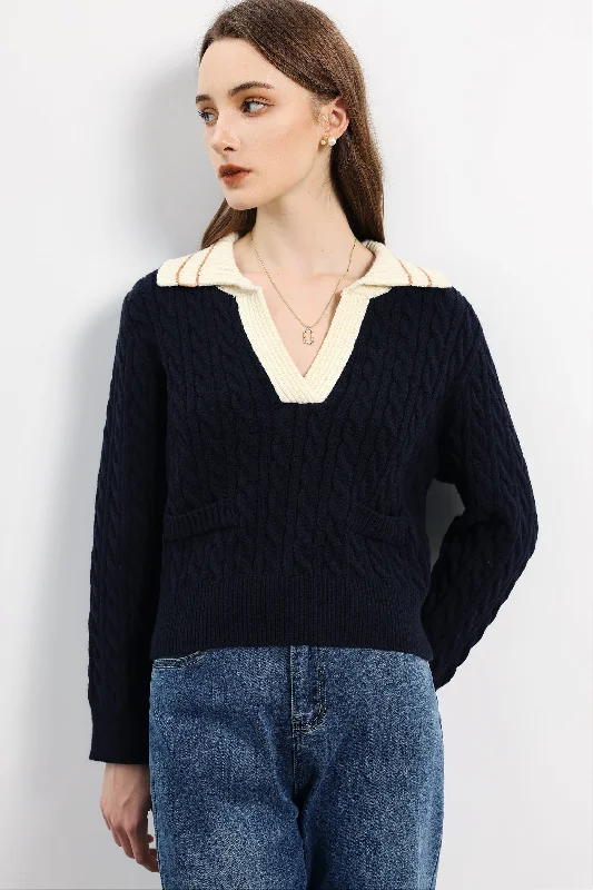 Oversized Cardigan SweatersSkipper Collar Aran Knit Two-Tone Sweater - 3 Colors Available